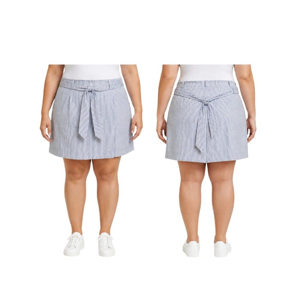 Lane Bryant Seersucker Tie Waist Midi Skirt Plus Size 26 Blue White Stripe NWT